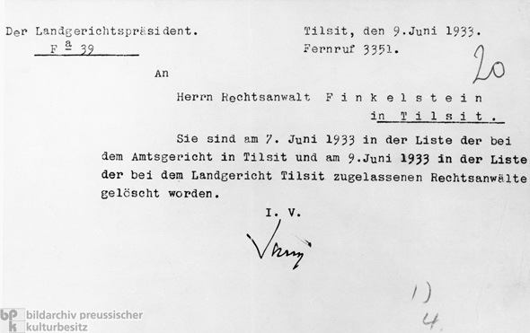 Berufsausschluss: Bescheid über die Löschung aus der Liste der beim Landgericht Tilsit/Ostpreußen zugelassenen Rechtsanwälte (9. Juni 1933)
